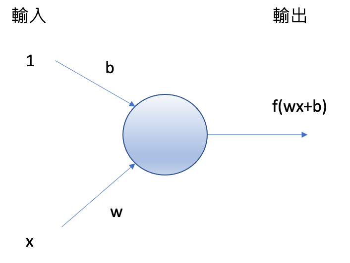 輸入1和x，分別對應偏差b和權重w，最終輸出為f(wx+b)。