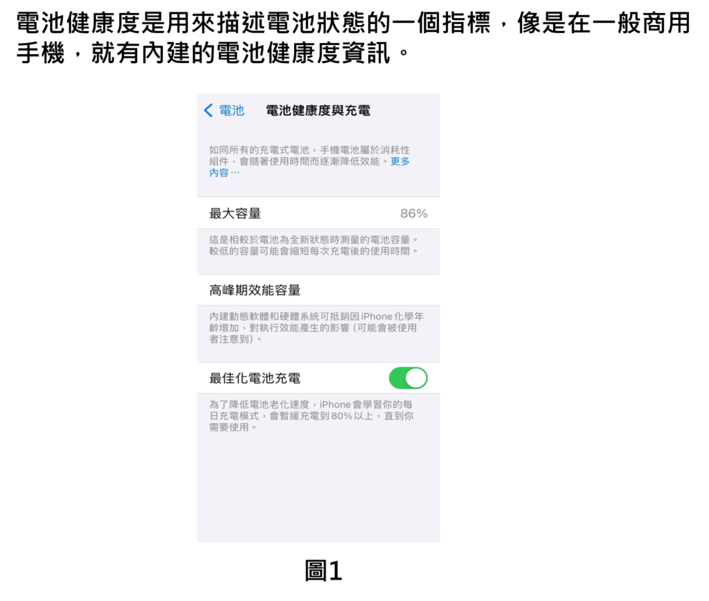 電池健康度是用來描述電池狀態的一個指標，像是在一般商用手機，就有內建的電池健康度資訊。
