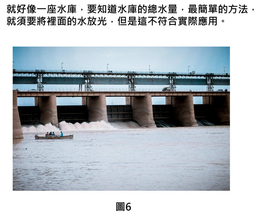 就好像一座水庫，要知道水庫的總水量，最簡單的方法，就須要將裡面的水放光，但是這不符合實際應用。
