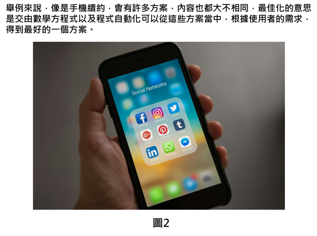 舉例來說，像是手機續約，會有許多方案，內容也都大不相同，最佳化的意思是交由數學方程式以及程式自動化可以從這些方案當中，根據使用者的需求，得到最好的一個方案。
