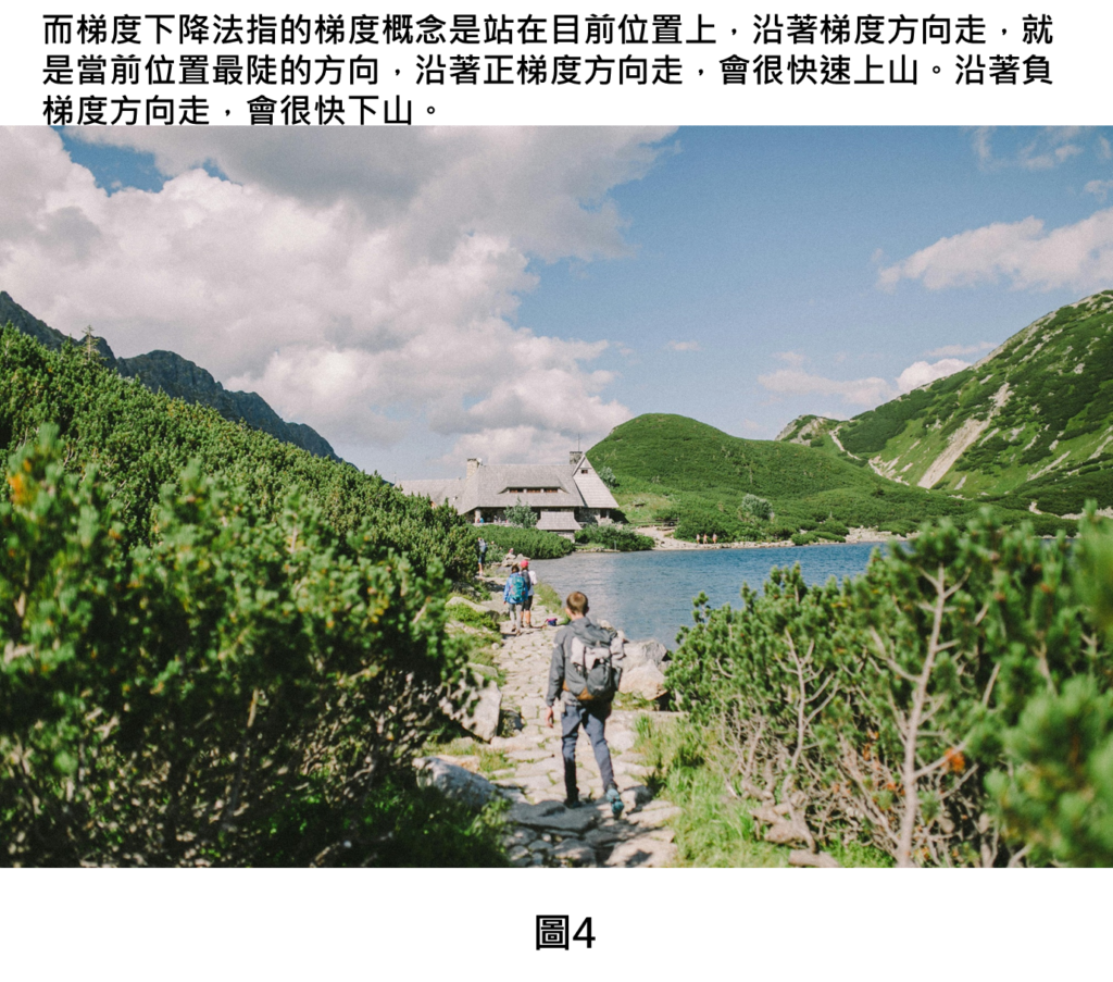 而梯度下降法指的梯度概念是站在目前位置上，沿著梯度方向走，就是當前位置最陡的方向，沿著正梯度方向走，會很快速上山。沿著負梯度方向走，會很快下山。
