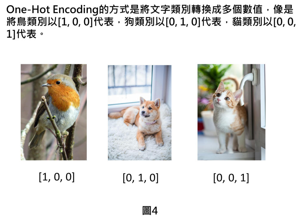 One-Hot Encoding的方式是將文字類別轉換成多個數值，像是將鳥類別以[1, 0, 0]代表，狗類別以[0, 1, 0]代表，貓類別以[0, 0, 1]代表。
