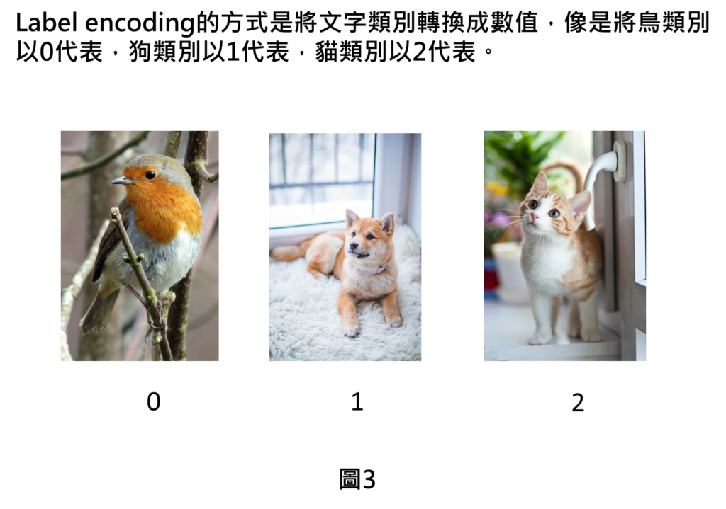 Label encoding的方式是將文字類別轉換成數值，像是將鳥類別以0代表，狗類別以1代表，貓類別以2代表。
