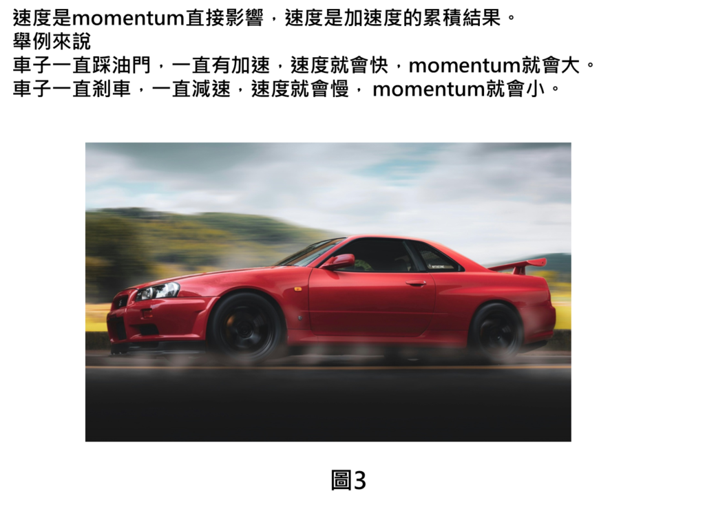 速度是momentum直接影響，速度是加速度的累積結果。
舉例來說
車子一直踩油門，一直有加速，速度就會快，momentum就會大。
車子一直剎車，一直減速，速度就會慢， momentum就會小。
