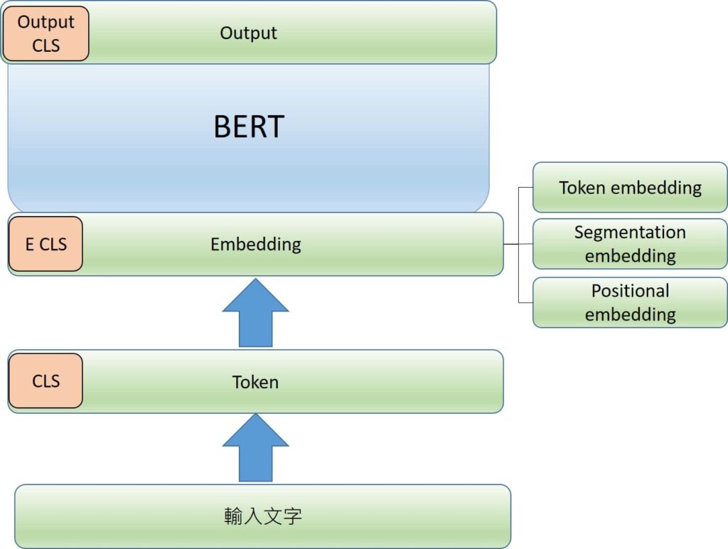 轉換成embedding之後，輸入到BERT當中，也就是先前提到的基於Transformer機制進行計算。
最終輸出就是輸出embedding，也就是BERT模型語意理解的結果。
第一個Output CLS是綜合所有句子的摘要，而其他output後根據每個詞理解的結果。